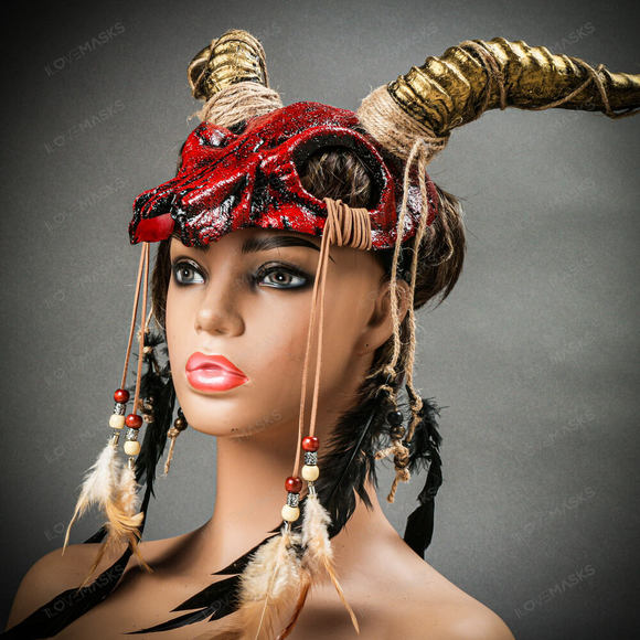 Antelope Devil Animal Skull with Gold Impala Horns Masquerade Mask - Bloody Red - Picture 3 of 10